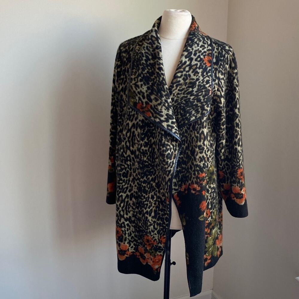 Leopard Print Sweater Coat Size XL Brown Red Floral Open Front Wool Blend